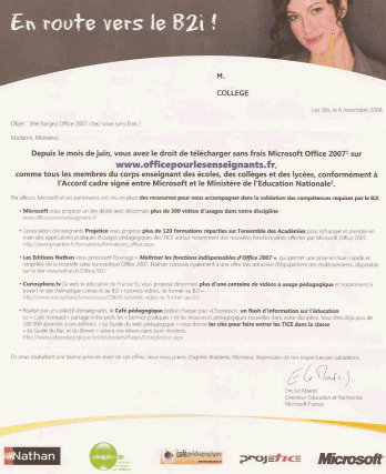 Lettre aux enseignants - Offre Microsoft Office 2007